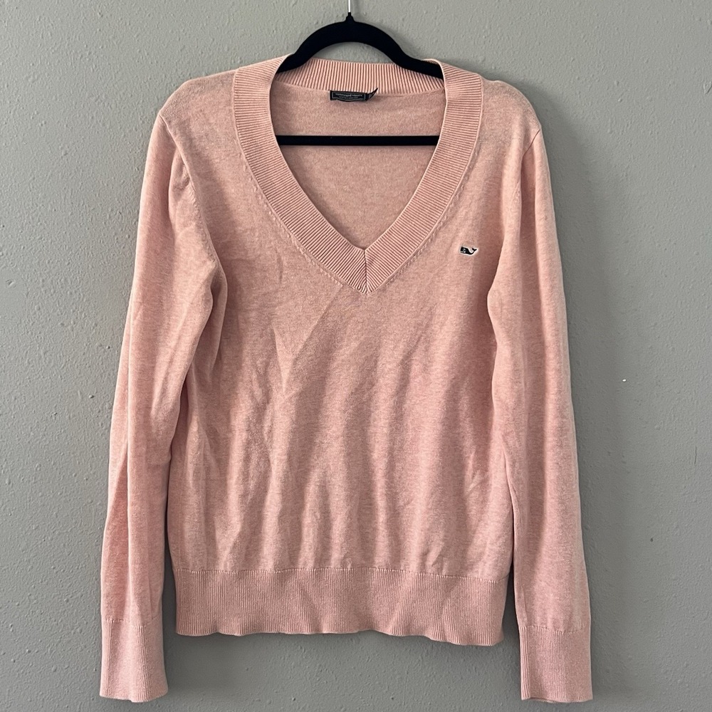 Vineyard Vines Pink V Neck Sweater Women's M Logo Cotton Pullover Preppy Office